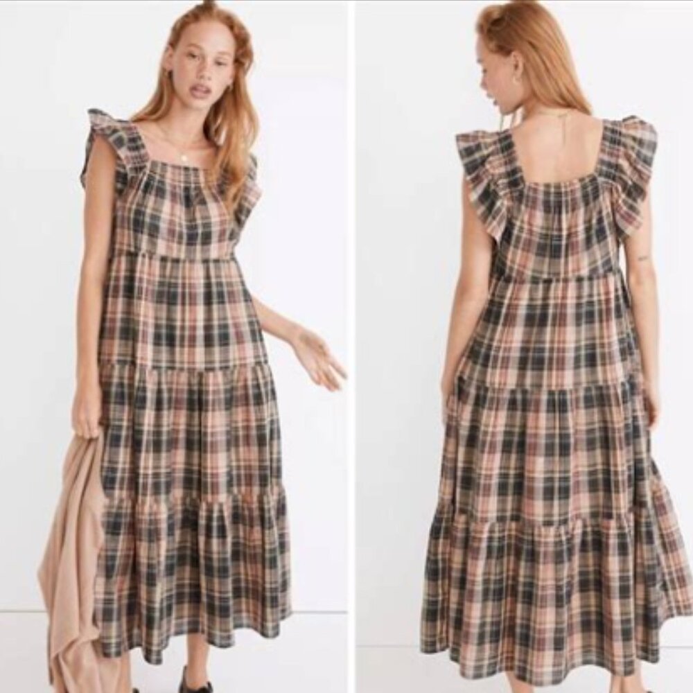 NWOT Madewell Flutter Sleeve Tiered Square Neck Midi Length Plaid Dress